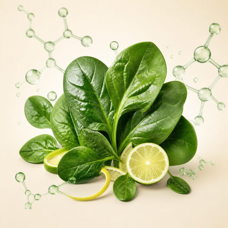 Folát- és B9-vitamin-forrásként ábrázolt spenót és citrus prémium illusztráción